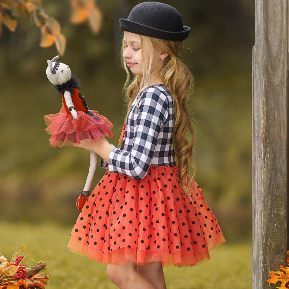 Girls Fall Dresses | Plaid & Polka Dot Tutu Dress - Mia Belle Girls Orange / 2T Girls Fall Dresses | Plaid & Polka Dot Tutu Dress - Mia Belle Girls Orange / 2T