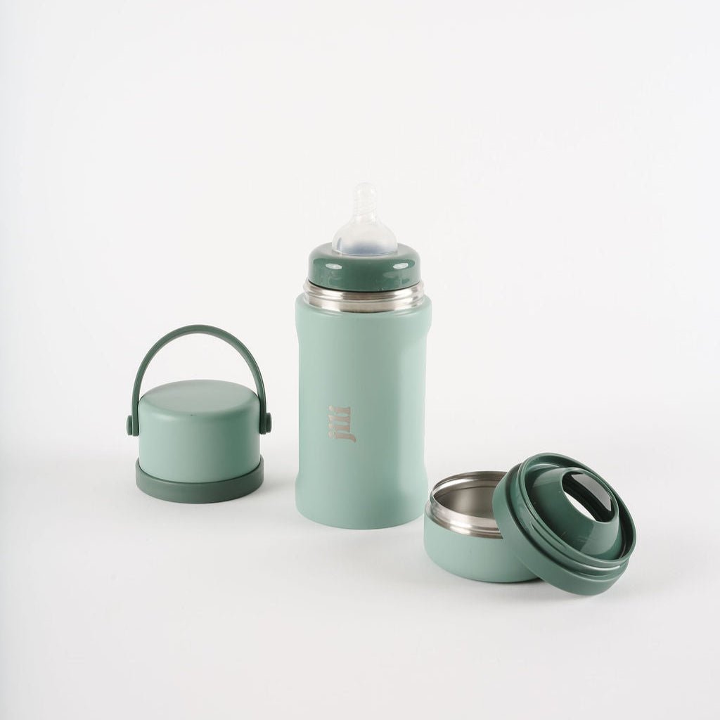 Set of green insulated containers with various lids on a white background