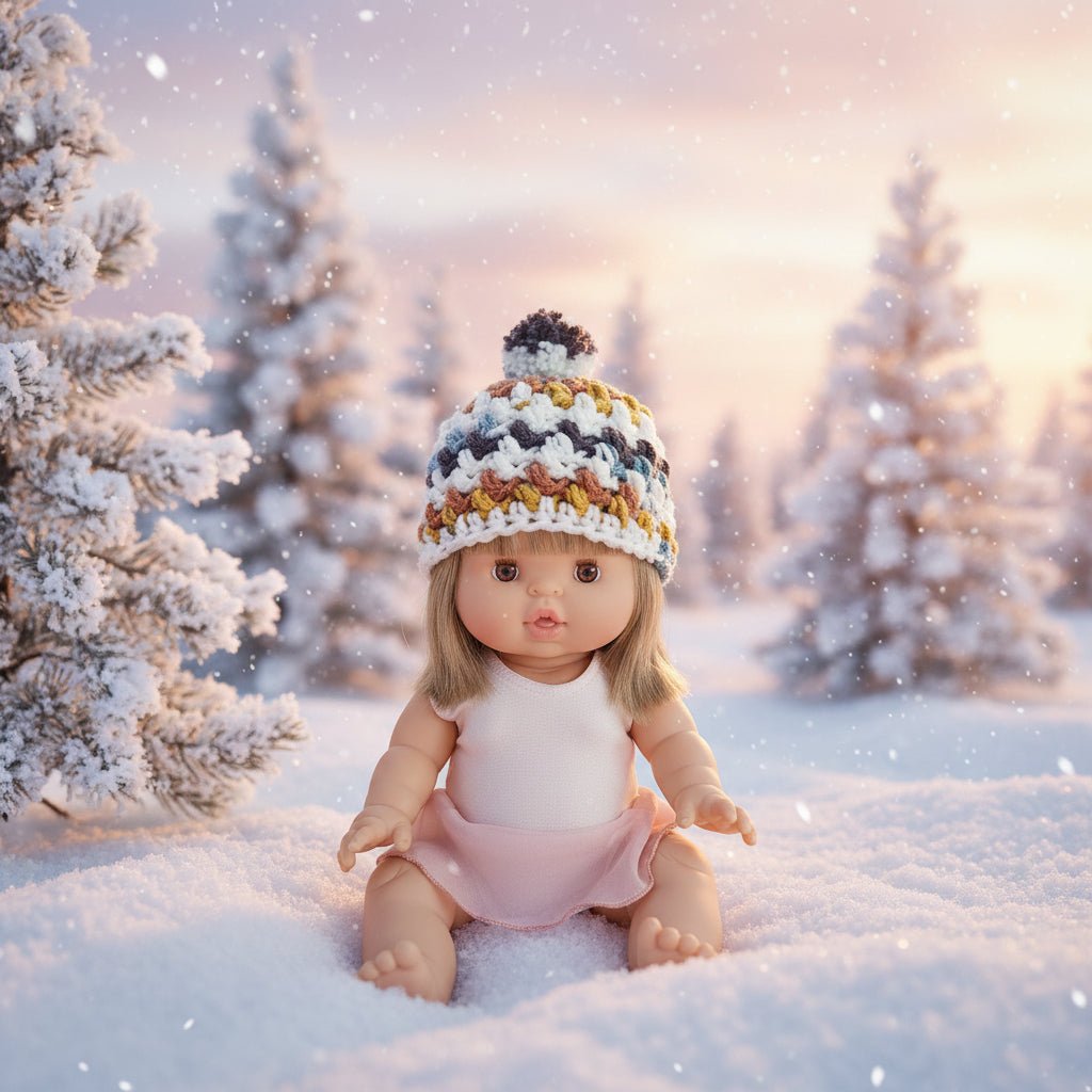 A handmade crocheted beanie with a multicolor pattern and a black-and-white pom-pom, worn by a blonde doll sitting on a fluffy white faux fur rug.