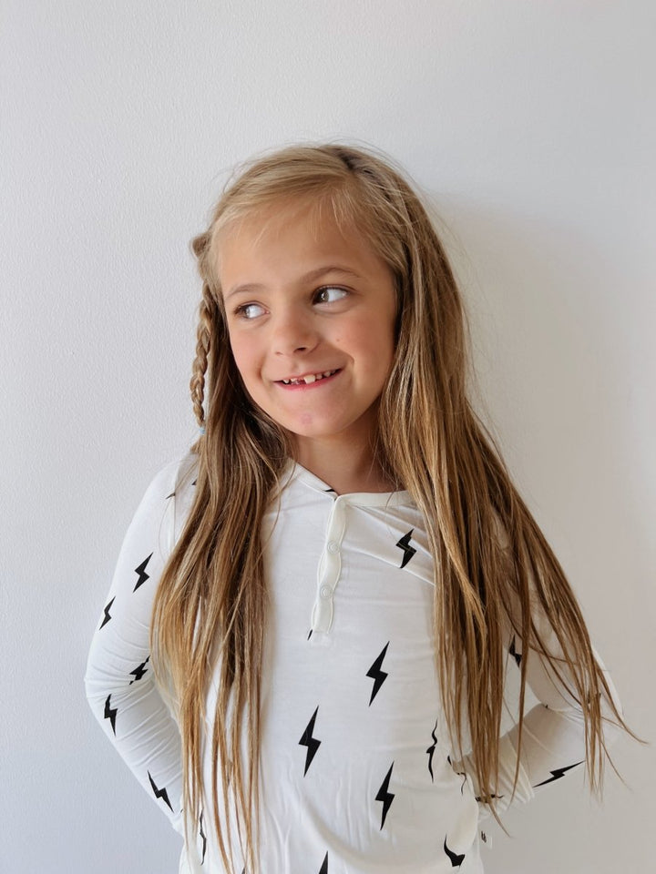Bamboo Two Piece Pajamas - Black &amp; White Lightning Bolt