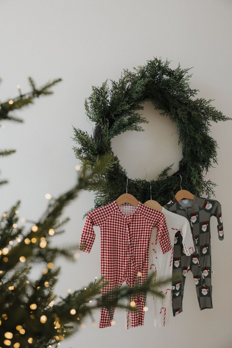 Bamboo Zip Pajamas  Santa Checkerboard