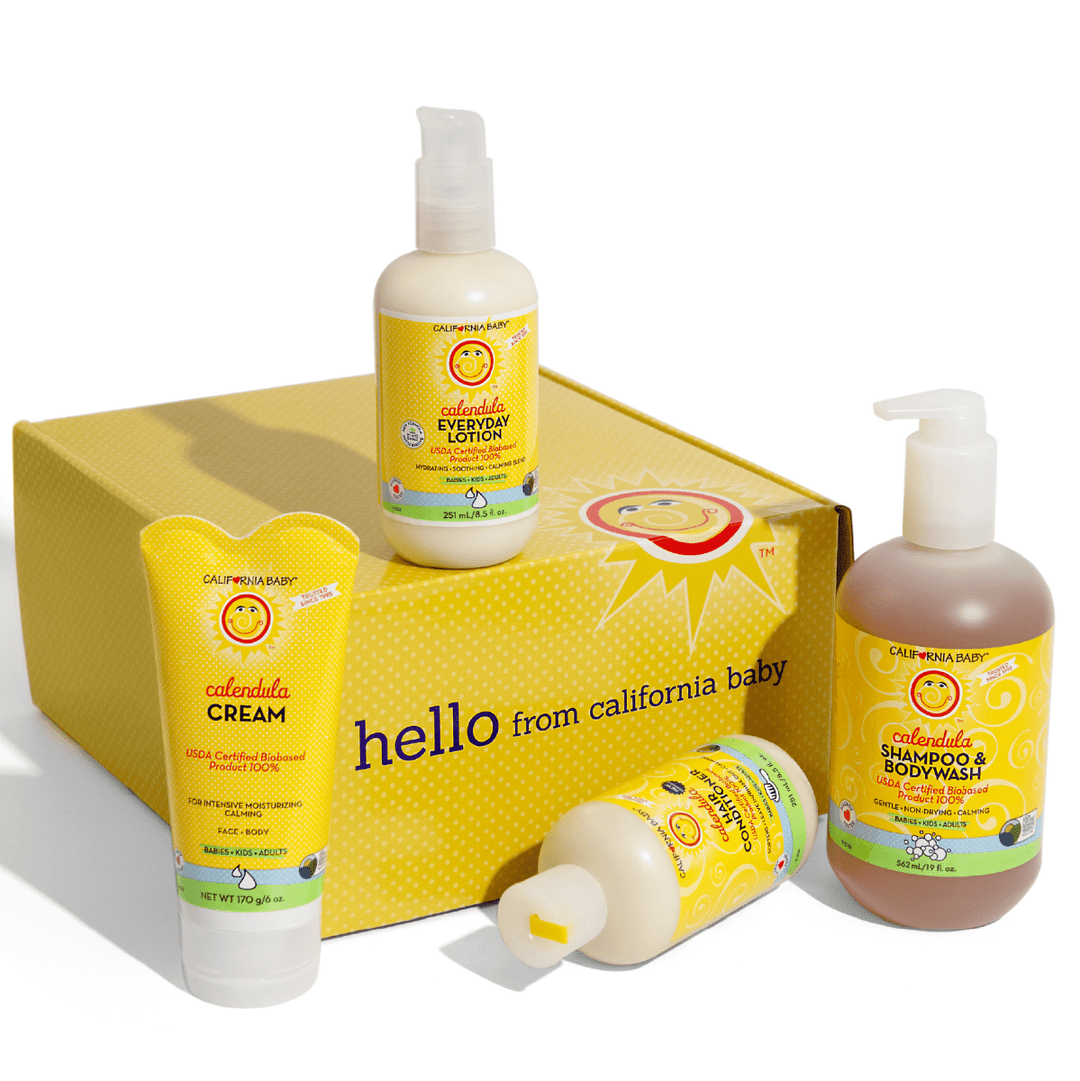 California Baby product set including bottles and a cream on a white background