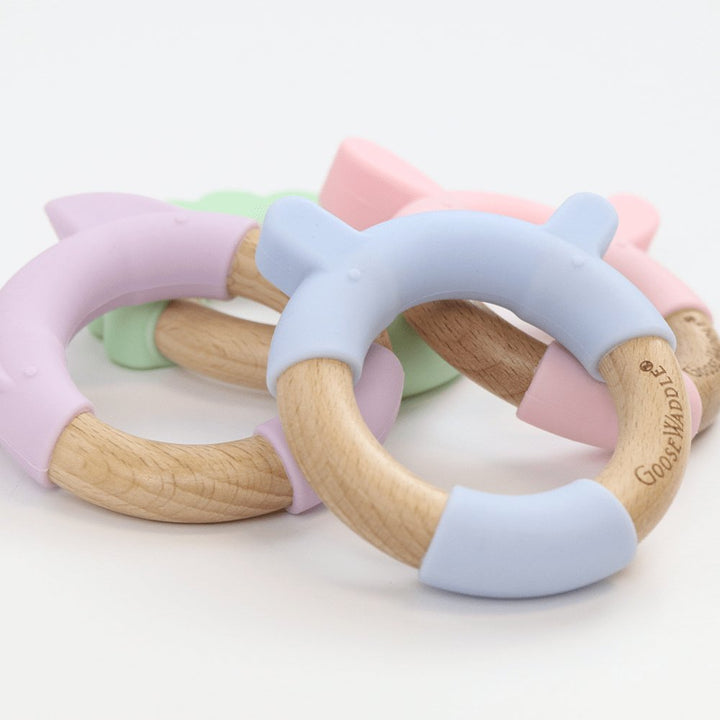 Blue Bear Circle Bear Head Teether Silicone + Wood Teether