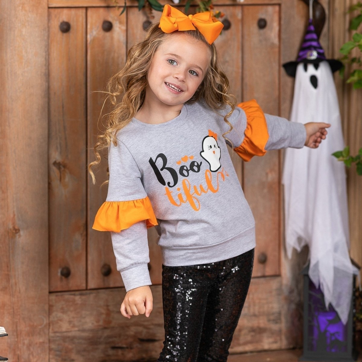 Boo-tiful Ruffle Sleeve Sweater and Sequin Legging Set