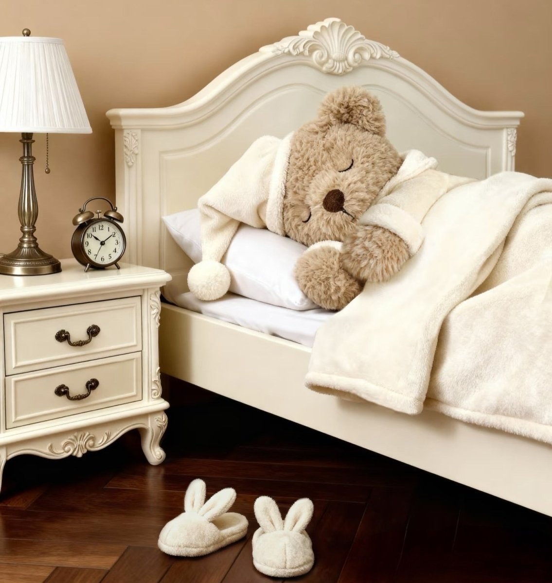 Children's bedroom with a teddy bear on a bed, nightstand with lamp and clock, and slippers on the floor.