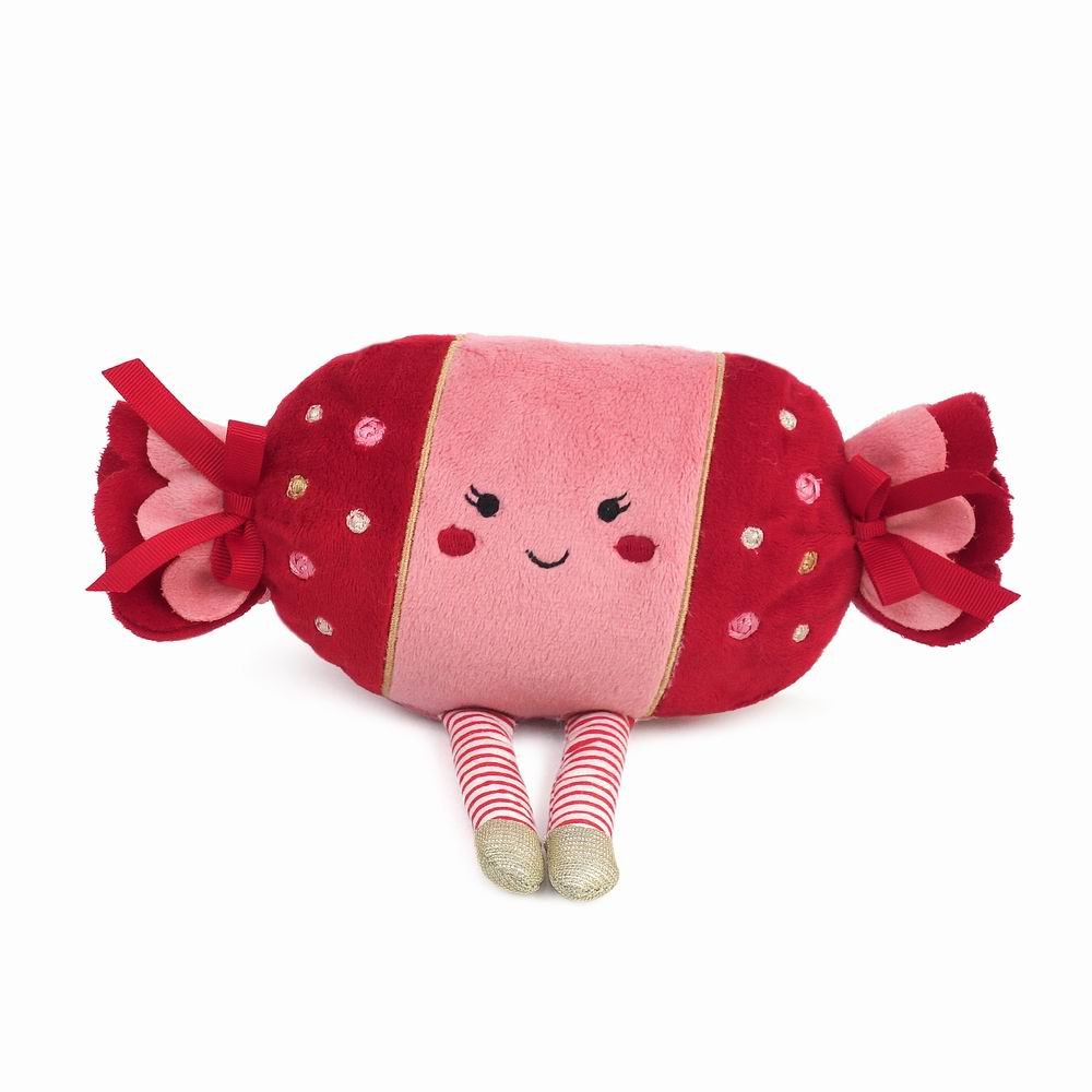 Plush toy candy character with red and pink colors on a white background