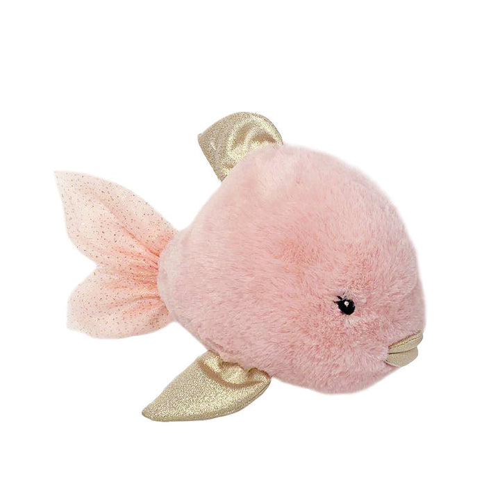 Pink plush fish toy with gold accents on a white background