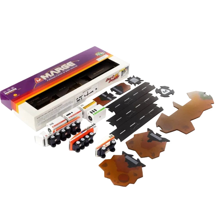 A toy play set named Dark Depths, including vehicles with suspension bases and puzzle roads, along with packaging depicting the product.