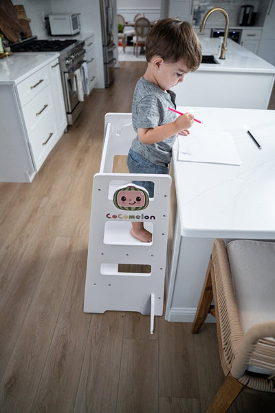 Date CocoMelon 3-in-1 Kitchen Tower for Kids – Step Stool & Chalkboard Learning Helper