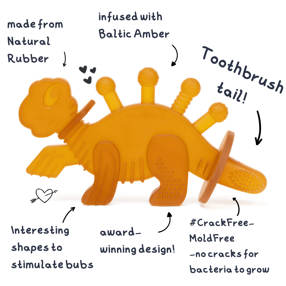 Dibly Amber - Baltic Amber &amp; Natural Rubber Dinosaur Teether with Toothbrush Tail