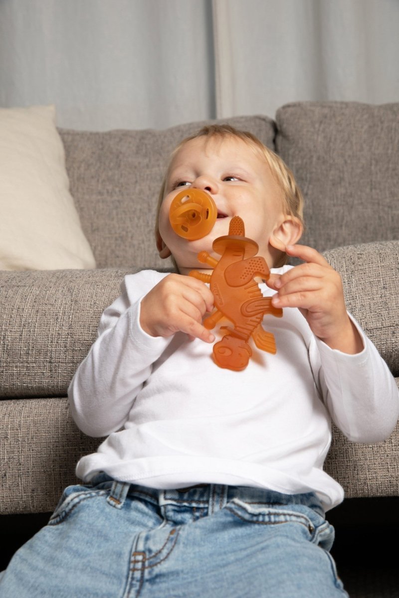 Dibly Amber - Baltic Amber &amp; Natural Rubber Dinosaur Teether with Toothbrush Tail