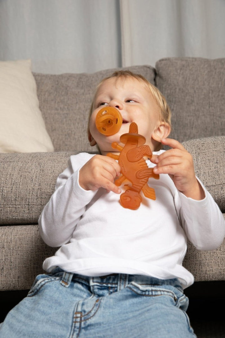 Dibly Amber - Baltic Amber &amp; Natural Rubber Dinosaur Teether with Toothbrush Tail