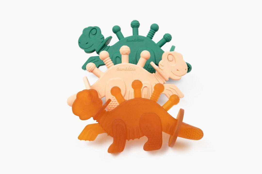 Dibly Amber - Baltic Amber &amp; Natural Rubber Dinosaur Teether with Toothbrush Tail