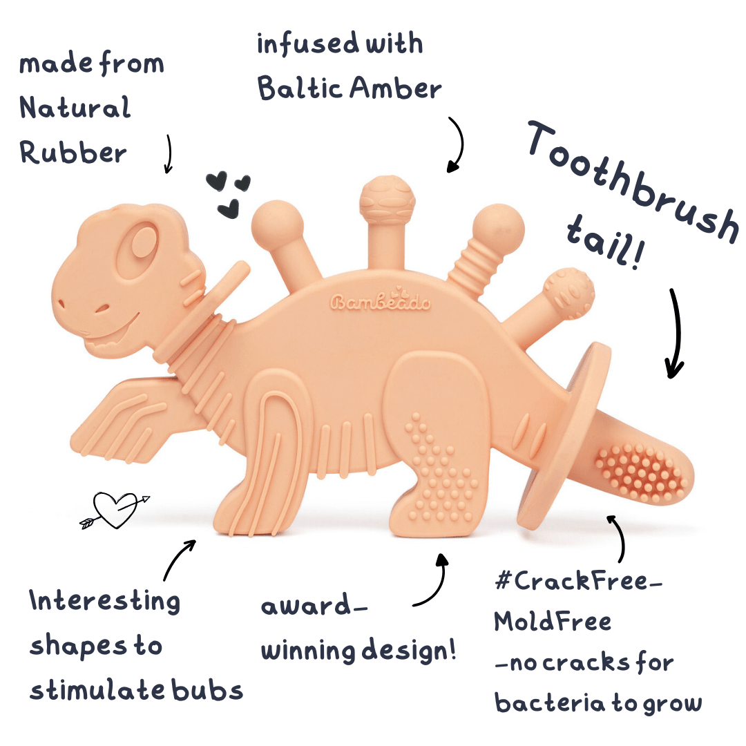 Dibly - Pink - Baltic Amber &amp; Natural Rubber Dinosaur Teether with Toothbrush Tail