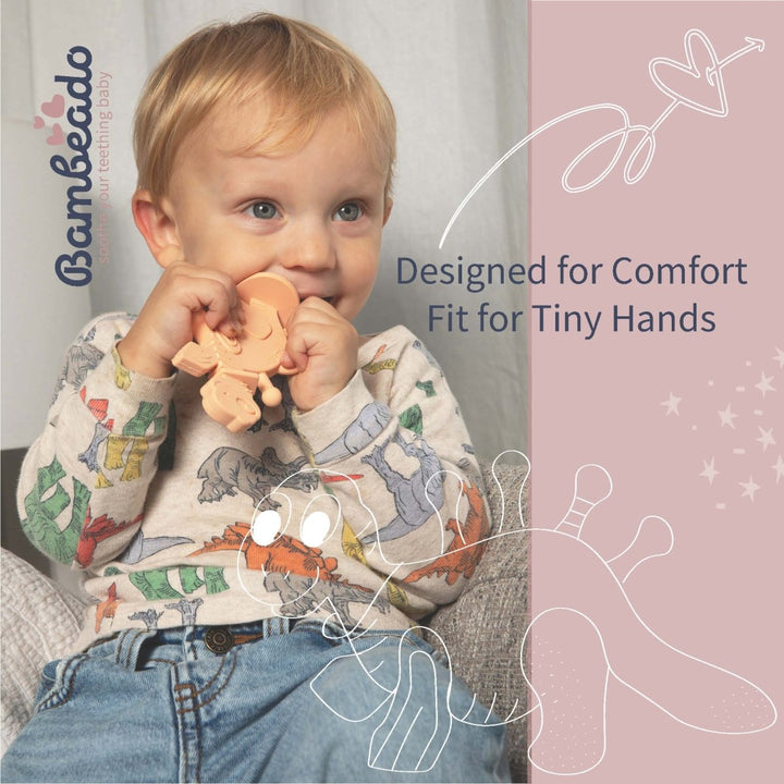 Dibly - Pink - Baltic Amber &amp; Natural Rubber Dinosaur Teether with Toothbrush Tail