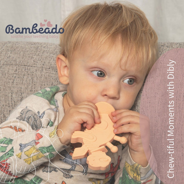 Dibly - Pink - Baltic Amber &amp; Natural Rubber Dinosaur Teether with Toothbrush Tail