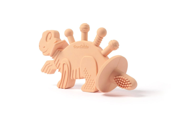 Dibly - Pink - Baltic Amber &amp; Natural Rubber Dinosaur Teether with Toothbrush Tail