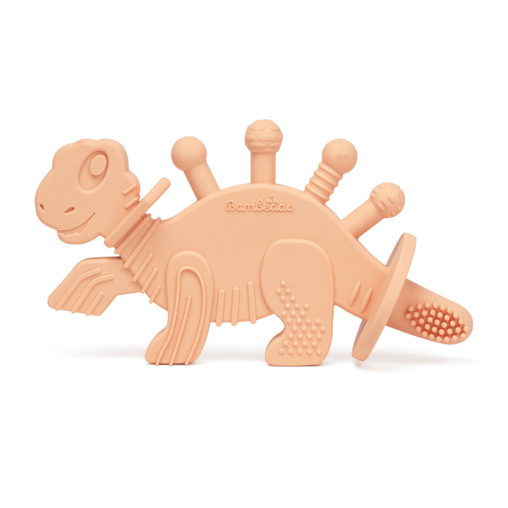 Dibly - Pink - Baltic Amber &amp; Natural Rubber Dinosaur Teether with Toothbrush Tail