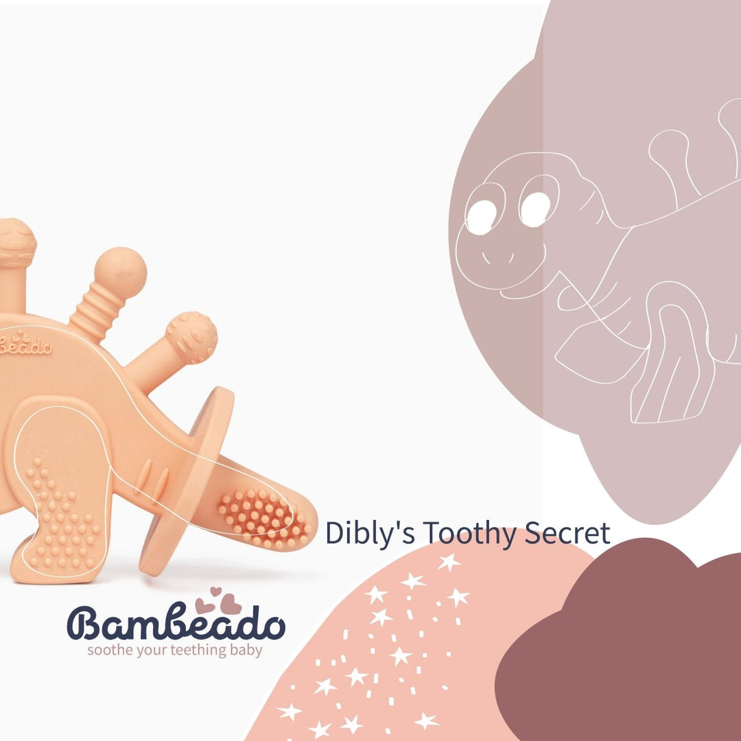 Dibly - Pink - Baltic Amber &amp; Natural Rubber Dinosaur Teether with Toothbrush Tail