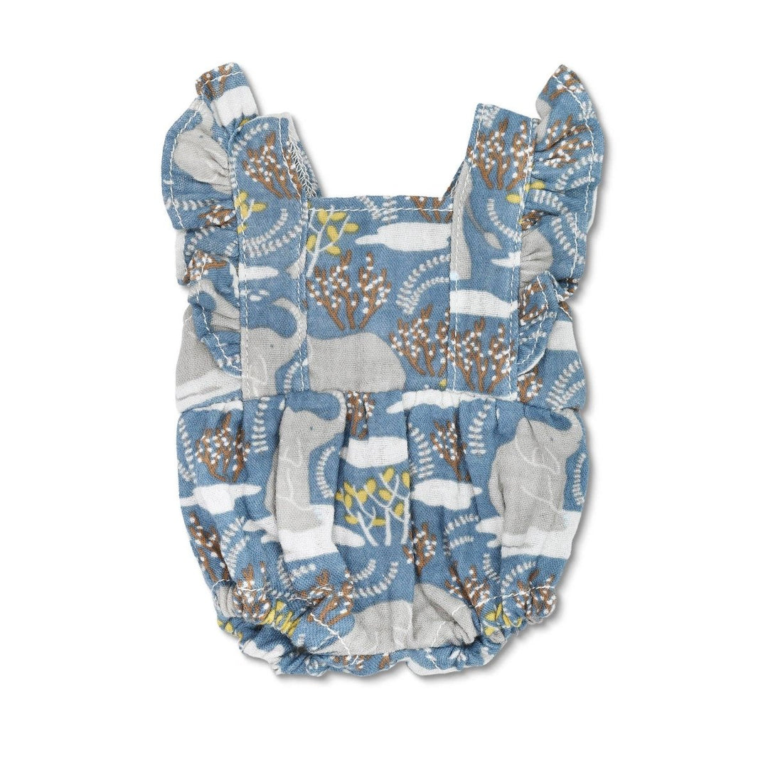 Baby doll romper with animal pattern on a white background