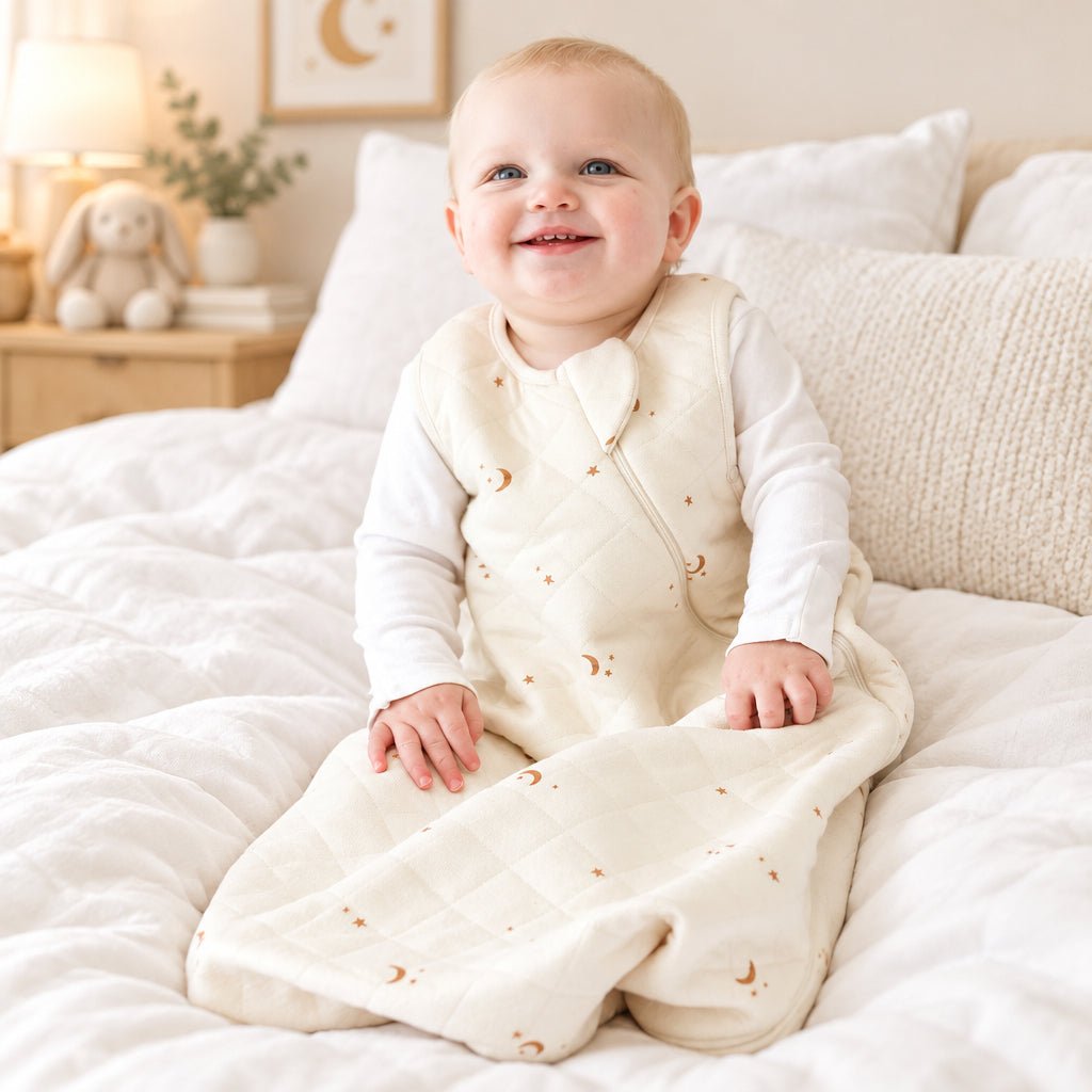 Baby in a white outfit with a soft texture on a white background