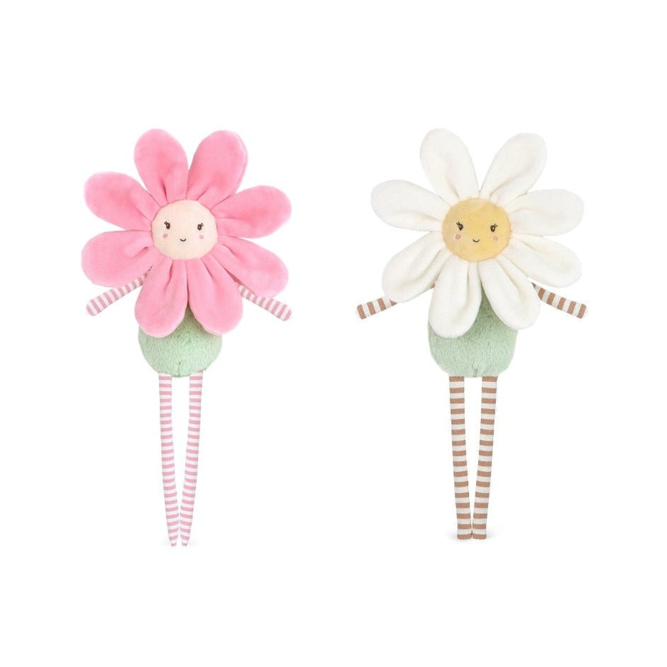 Two plush toys shaped like flowers with faces on a white background