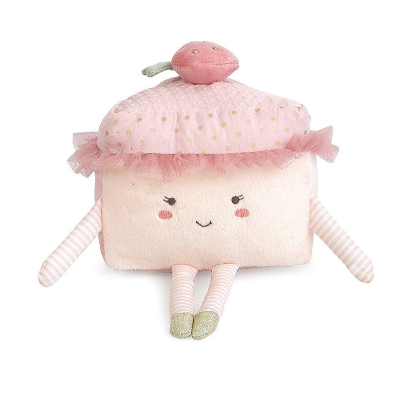 Plush toy shaped like a cupcake with a smiling face on a white background