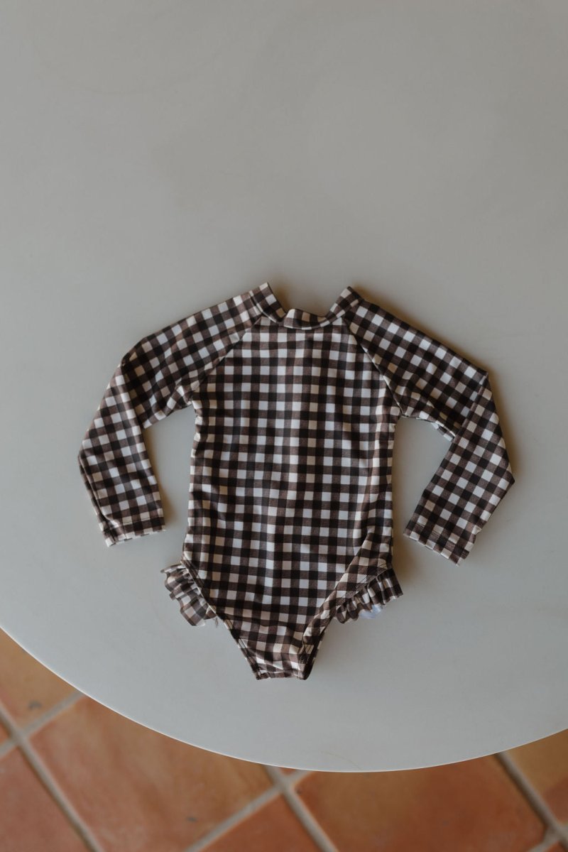 Girls Long Sleeve Swimsuit - Chocolate Gingham