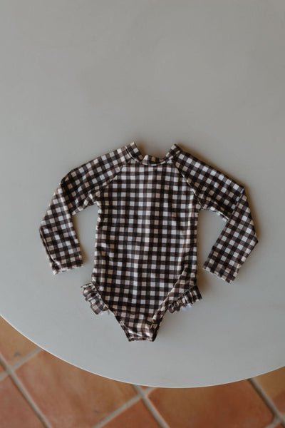 Girls Long Sleeve Swimsuit - Chocolate Gingham