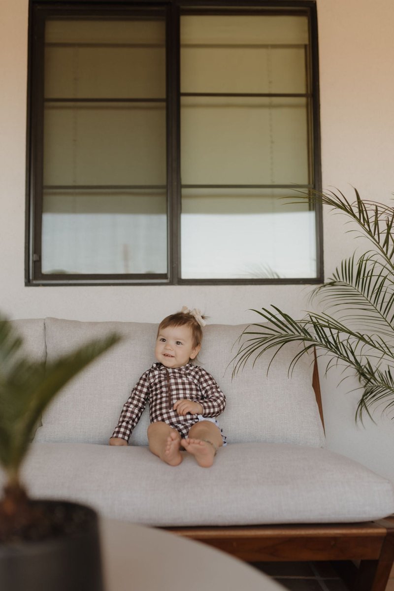 Girls Long Sleeve Swimsuit - Chocolate Gingham