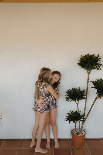 Girls Long Sleeve Swimsuit - Chocolate Gingham