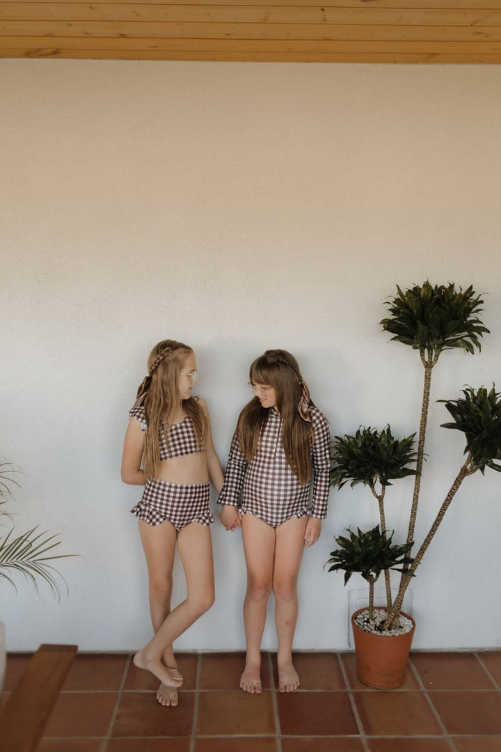 Girls Long Sleeve Swimsuit - Chocolate Gingham