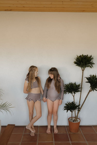 Girls Long Sleeve Swimsuit - Chocolate Gingham