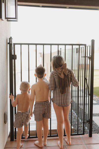 Girls Long Sleeve Swimsuit - Chocolate Gingham