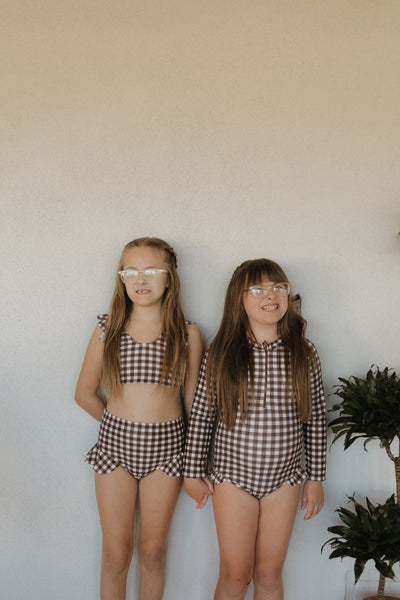 Girls Long Sleeve Swimsuit - Chocolate Gingham