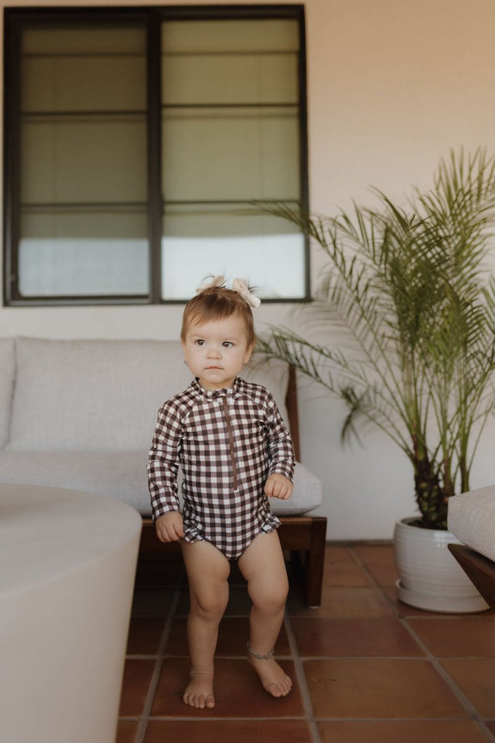 Girls Long Sleeve Swimsuit - Chocolate Gingham