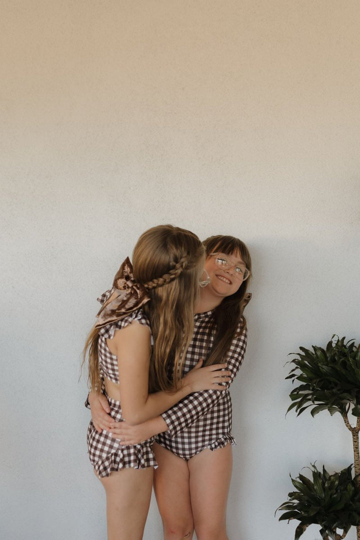 Girls Long Sleeve Swimsuit - Chocolate Gingham