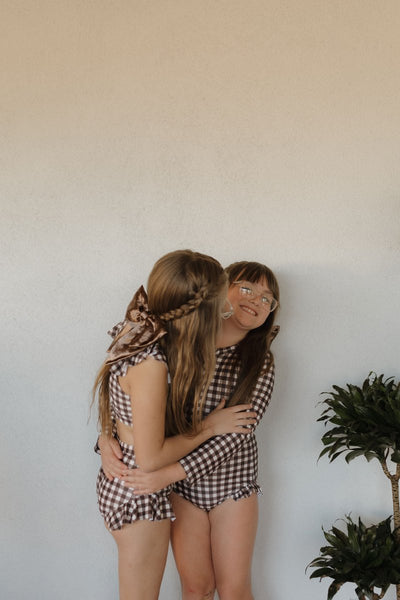 Girls Long Sleeve Swimsuit - Chocolate Gingham