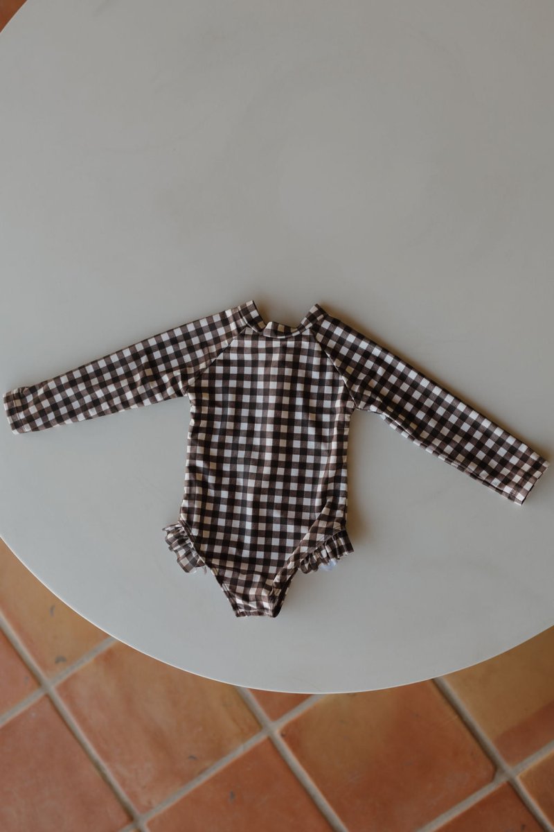 Girls Long Sleeve Swimsuit - Chocolate Gingham