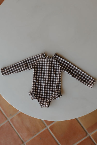 Girls Long Sleeve Swimsuit - Chocolate Gingham