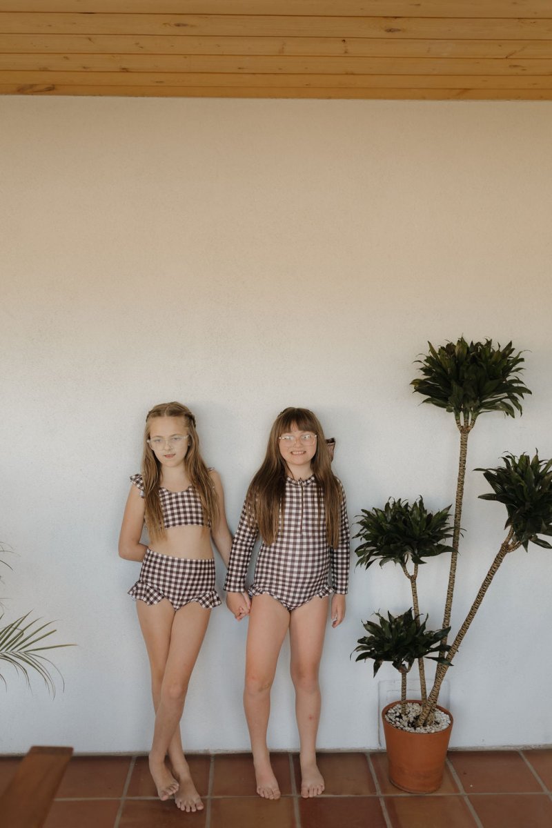 Girls Long Sleeve Swimsuit - Chocolate Gingham