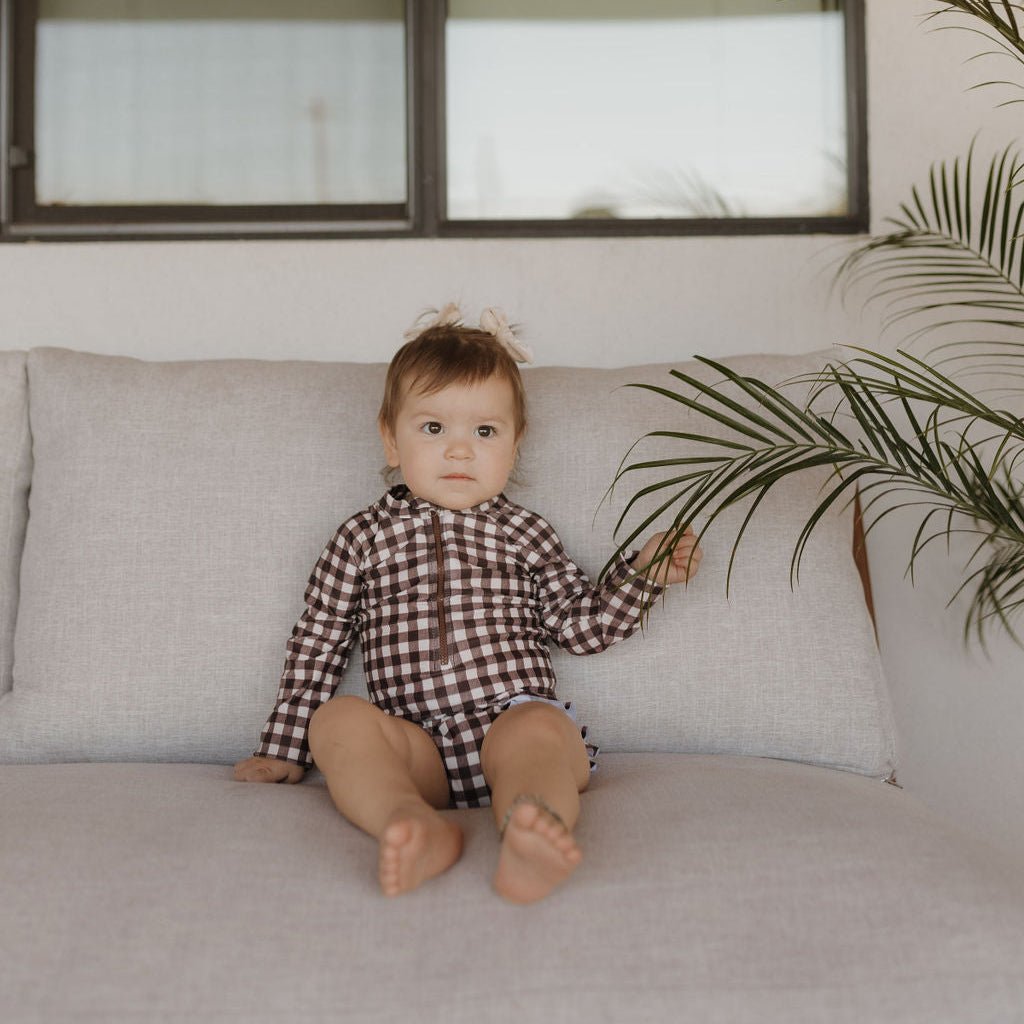 Girls Long Sleeve Swimsuit - Chocolate Gingham