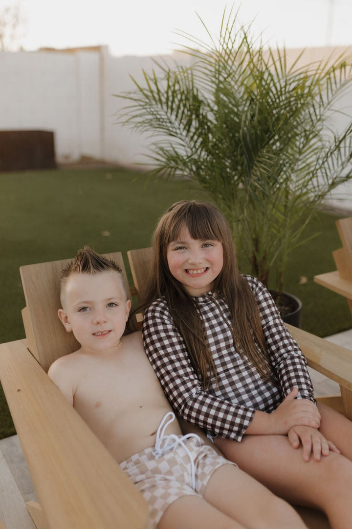 Girls Long Sleeve Swimsuit - Chocolate Gingham