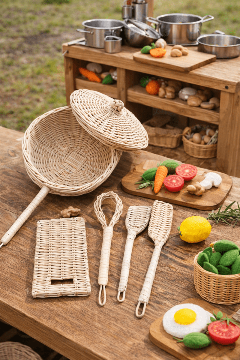 Handmade Rattan Play Kitchen Utensils