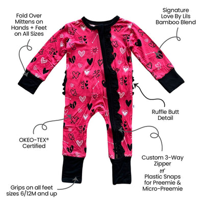 Heart Doodles Pink Bamboo Ruffle Convertible Footie