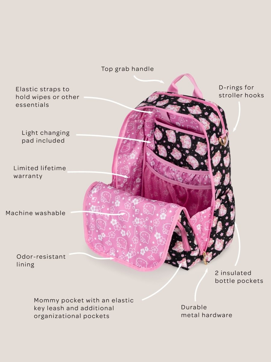 Hello Kitty® × JuJuBe Cherry Blossoms Zealous Backpack - Black and Pink