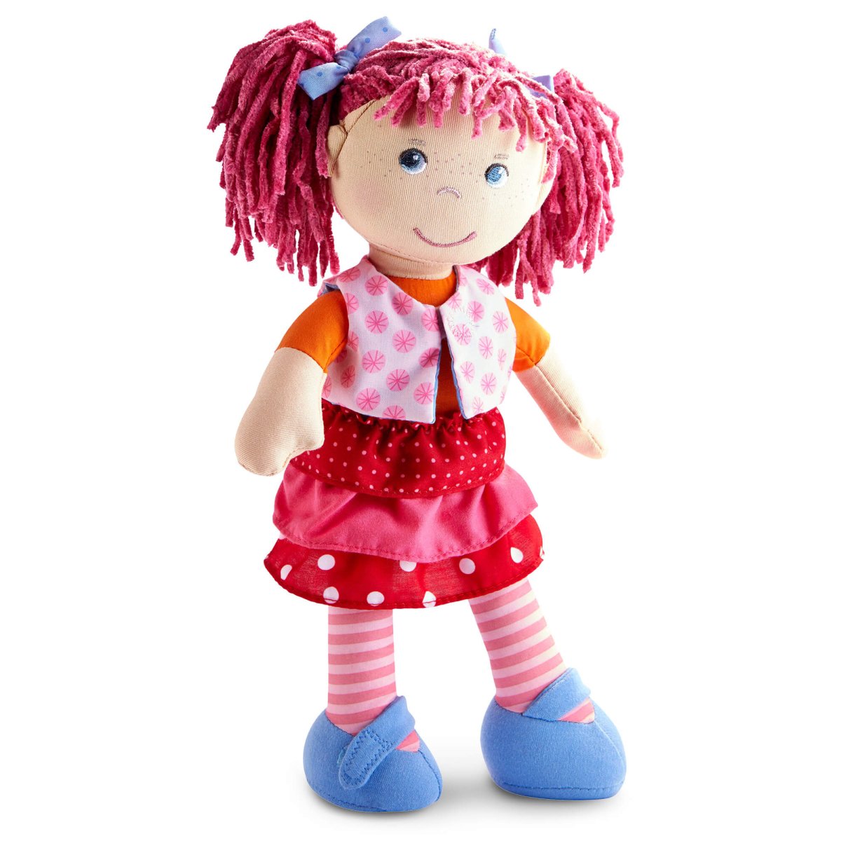 Plush doll with pink hair, red dress, and striped socks on a white background