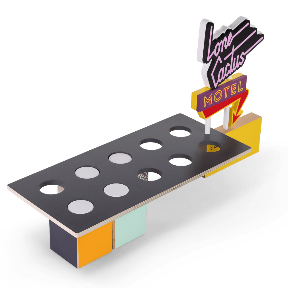 A retro-futuristic sci-fi desk or console featuring a dark gray top with circular cutouts, a yellow side panel, and a neon-style &