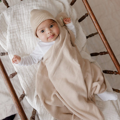 Luxe Collection 100% Organic Cotton Luxury Knit Baby Blanket + Hat Set with Gift Box