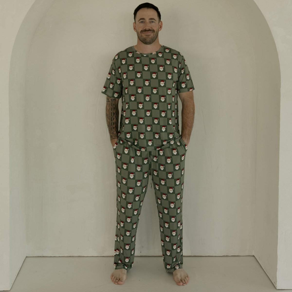 Men's Short Sleeve Bamboo Pajamas - Santa Checkerboard